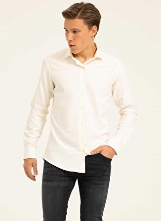 Süvari Slim Fit Klasik Yaka Armürlü Bej Erkek Gömlek GM2024700346
