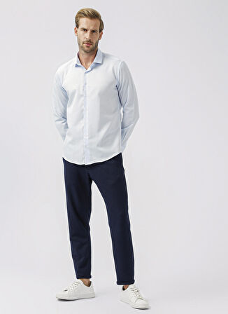 Süvari Slim Fit Klasik Yaka Armürlü Mavi - Buz Erkek Gömlek GM2024700349
