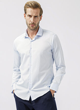 Süvari Slim Fit Klasik Yaka Armürlü Mavi - Buz Erkek Gömlek GM2024700349