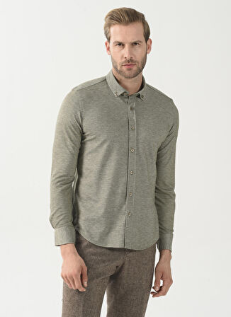 Süvari Slim Fit Düğmeli Yaka Armürlü Yeşil Erkek Gömlek GM2025500402