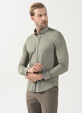 Süvari Slim Fit Düğmeli Yaka Armürlü Yeşil Erkek Gömlek GM2025500402