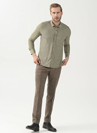 Süvari Slim Fit Düğmeli Yaka Armürlü Yeşil Erkek Gömlek GM2025500402