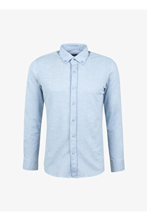 Slim Fit Düğmeli Yaka Armürlü Gökmavi Erkek Gömlek Gm2025500402