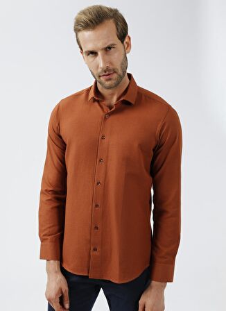 Süvari Slim Fit Piklapel Yaka Armürlü Kiremit Erkek Gömlek GM2024700353