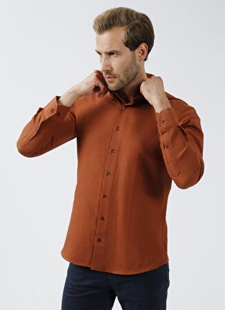 Süvari Slim Fit Piklapel Yaka Armürlü Kiremit Erkek Gömlek GM2024700353