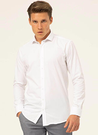 Süvari Slim Fit Klasik Yaka Armürlü Beyaz Erkek Gömlek GM2024700354