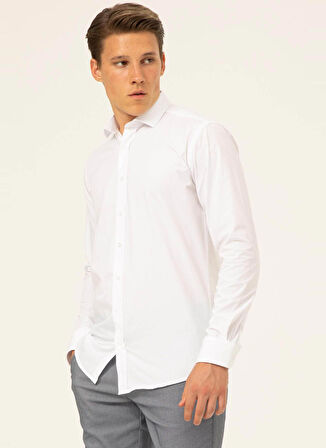 Süvari Slim Fit Klasik Yaka Armürlü Beyaz Erkek Gömlek GM2024700354