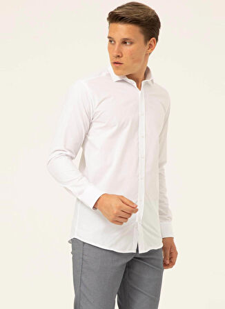 Süvari Slim Fit Klasik Yaka Armürlü Beyaz Erkek Gömlek GM2024700354