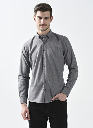 Süvari Düğmeli Yaka Baskılı Koyu Gri Erkek Gömlek Gm2008100097