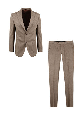 Süvari Açık Kahve Erkek Sivri Yaka Slim Fit Armürlü Takım Elbise Tk1006900235