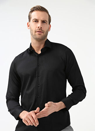 Süvari Klasik Yaka Armürlü Siyah Erkek Gömlek Gm2024700369