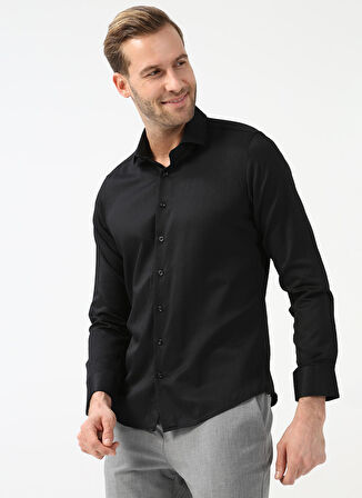 Süvari Klasik Yaka Armürlü Siyah Erkek Gömlek Gm2024700369