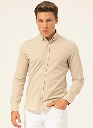 Süvari Slim Fit Düğmeli Yaka Armürlü Bej Erkek Gömlek GM2025500407