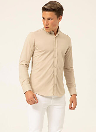 Süvari Slim Fit Düğmeli Yaka Armürlü Bej Erkek Gömlek GM2025500407