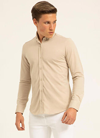 Süvari Slim Fit Düğmeli Yaka Armürlü Bej Erkek Gömlek GM2025500407