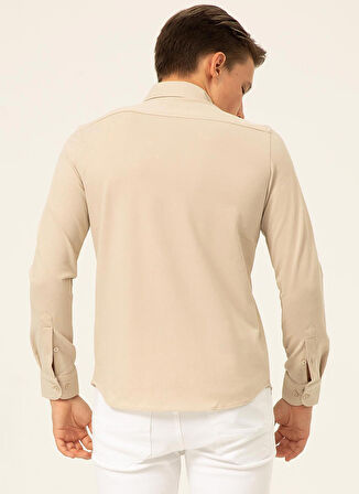 Süvari Slim Fit Düğmeli Yaka Armürlü Bej Erkek Gömlek GM2025500407