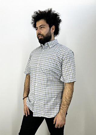 Süvari Bol Kesim Çizgili Yeşil Kısa Kol Cepli Gömlek