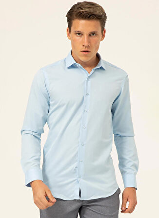 Süvari Slim Fit Klasik Yaka Armürlü Mavi - Buz Erkek Gömlek GM2024700388