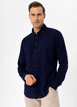 Süvari Slim Fit Düğmeli Yaka Düz Lacivert Erkek Gömlek GM1008400240