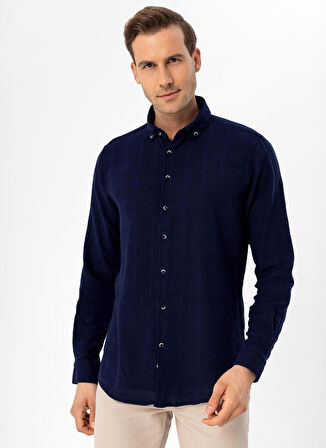Süvari Slim Fit Düğmeli Yaka Düz Lacivert Erkek Gömlek GM1008400240