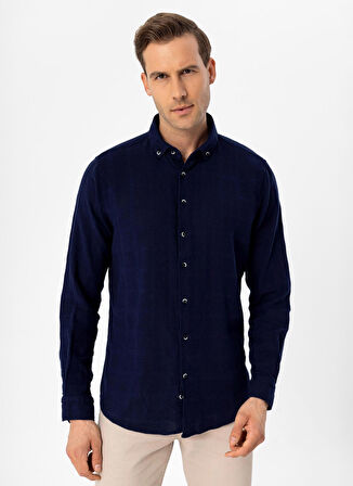 Süvari Slim Fit Düğmeli Yaka Düz Lacivert Erkek Gömlek GM1008400240