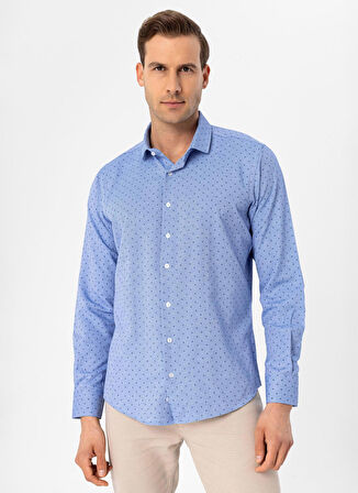 Süvari Slim Fit Klasik Yaka Baskılı Saks Erkek Gömlek GM2025500416