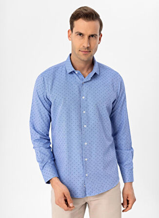 Süvari Slim Fit Klasik Yaka Baskılı Saks Erkek Gömlek GM2025500416