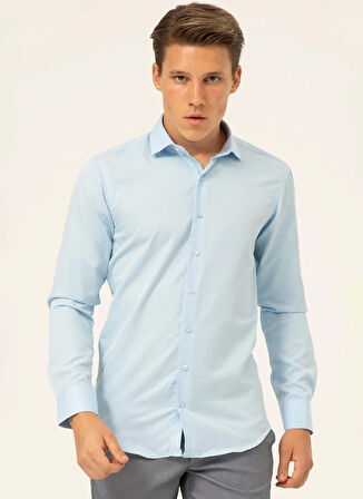 Süvari Slim Fit Klasik Yaka Armürlü Mavi - Buz Erkek Gömlek GM2024700409