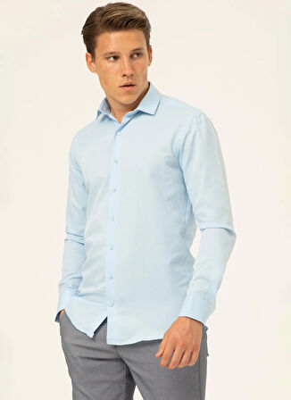 Süvari Slim Fit Klasik Yaka Armürlü Mavi - Buz Erkek Gömlek GM2024700409