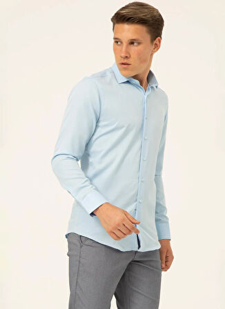 Süvari Slim Fit Klasik Yaka Armürlü Mavi - Buz Erkek Gömlek GM2024700409
