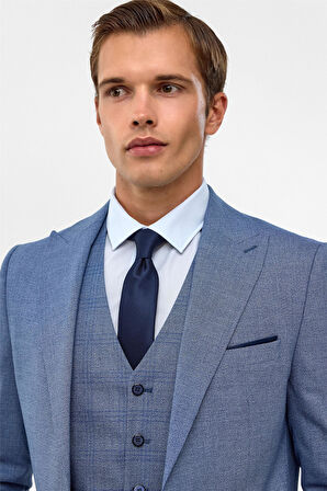 Buz Mavi Slim Armürlü Sivri Yaka 6 Drop Takım Elbise