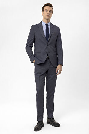 Lacivert Slim Fit Armürlü Sivri Yaka 6 Drop Klasik Takım Elbise