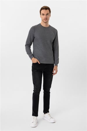 Gri Slim Bisiklet Yaka Sweatshirt