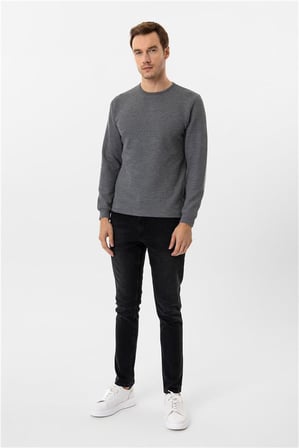 Gri Slim Bisiklet Yaka Sweatshirt