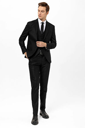 Siyah Slim Fit Armürlü Sivri Yaka 6 Drop Yelekli Klasik Takım Elbise