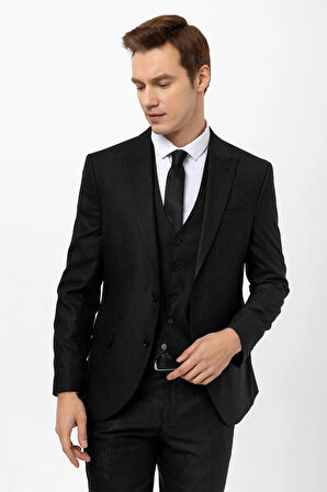 Siyah Slim Fit Armürlü Sivri Yaka 6 Drop Yelekli Klasik Takım Elbise