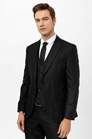 Siyah Slim Fit Armürlü Sivri Yaka 6 Drop Yelekli Klasik Takım Elbise
