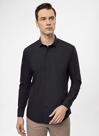 Süvari Slim Fit Klasik Yaka Düz Siyah Erkek Gömlek GM1007100578