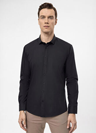 Süvari Slim Fit Klasik Yaka Düz Siyah Erkek Gömlek GM1007100578