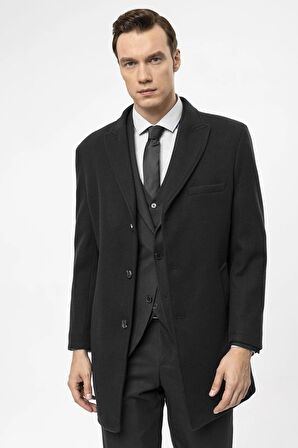 Süvari Slim Fit Yünlü Sivri Yaka Antrasit Erkek Kaban