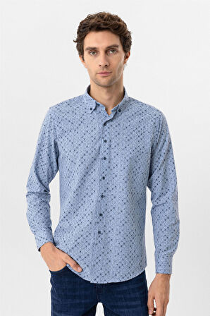 Mavi Slim Fit Düz Düğmeli Yaka Gömlek