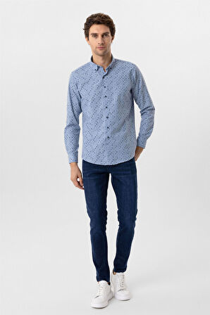 Mavi Slim Fit Düz Düğmeli Yaka Gömlek