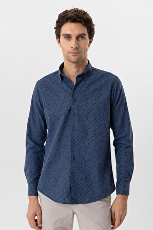 Lacivert Slim Fit Düz Düğmeli Yaka Gömlek