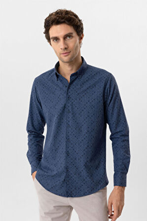 Lacivert Slim Fit Düz Düğmeli Yaka Gömlek