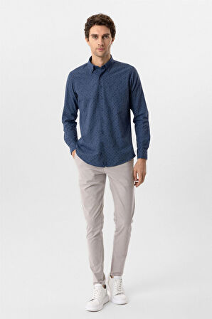 Lacivert Slim Fit Düz Düğmeli Yaka Gömlek