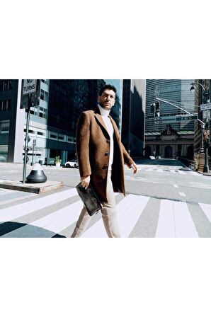 Süvari Mono Yaka Slim Kalıp Düz Kaban