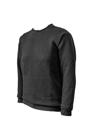 Süvari Bol Kesim O Yaka Kapitone Etnik Desenli Siyah Sweatshirt