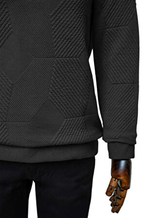 Süvari Bol Kesim O Yaka Kapitone Etnik Desenli Siyah Sweatshirt