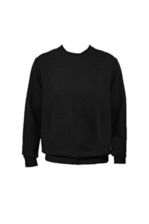 Süvari Bol Kesim O Yaka Kapitone Etnik Desenli Siyah Sweatshirt