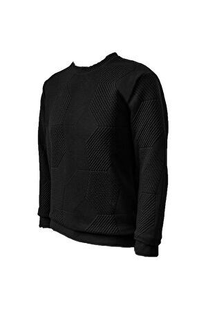 Süvari Bol Kesim O Yaka Kapitone Etnik Desenli Siyah Sweatshirt